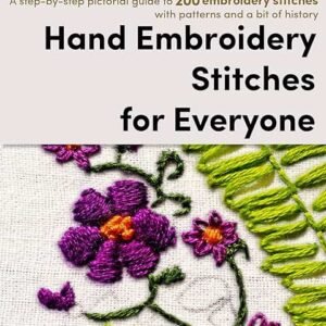 Book cover titled Hand Embroidery Dictionary, by Christen Brown, features colourful embroidered flowers and leaves on white fabric, described as a step-by-step guide to 200 stitches in Christen’s embroidery series.