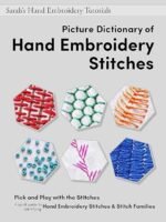 Book cover for "Picture Dictionary of Hand Embroidery Stitches, by Juby Aleyas Koll" displays six colourful embroidered hexagons with varied stitch patterns on a light background.