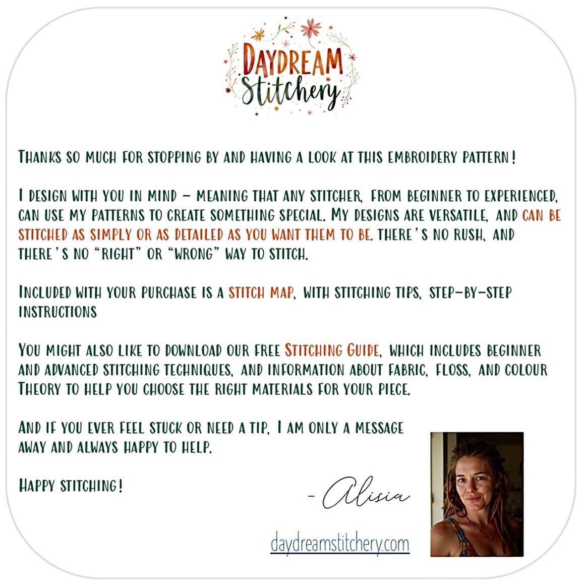 An embroidery pattern introduction from Daydream Stitchery, featuring a message from Alivia, a small photo of her, and website details. The text emphasises accessible designs, a stitch map, and support for all skill levels.