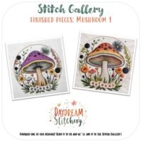 Two finished pieces display a large, colourful mushroom amid flowers and leaves. The circular designs use vibrant, detailed stitching from the "Mushroom 1: PDF hand embroidery pattern." “Daydream Stitchery” is written below.