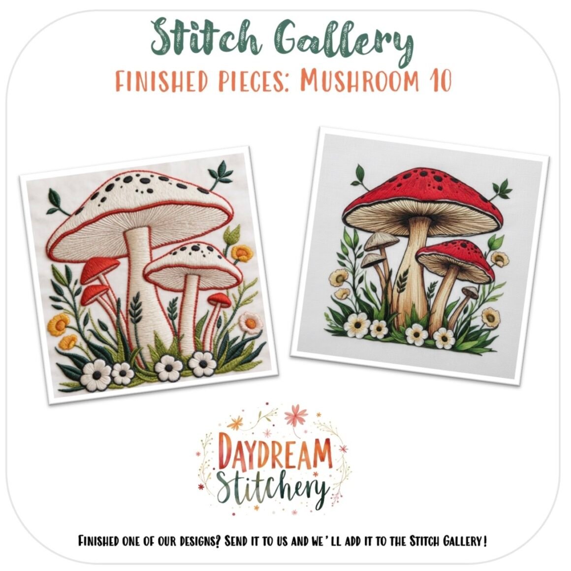 Mushroom 10: Hand embroidery pattern features two artworks of three large red mushrooms with white spots, green plants, and white flowers on a white background—a charming design for your next stitching project.