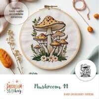 The Mushroom 11: Hand embroidery pattern is an embroidery hoop design showcasing a beautiful mushroom with delicate flowers.