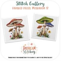 Two colourful mushroom embroidery designs with grass and flowers are shown side by side. Featuring "Mushroom 12: Hand embroidery pattern" by Daydream Stitchery, the post invites you to share your finished mushroom creations.