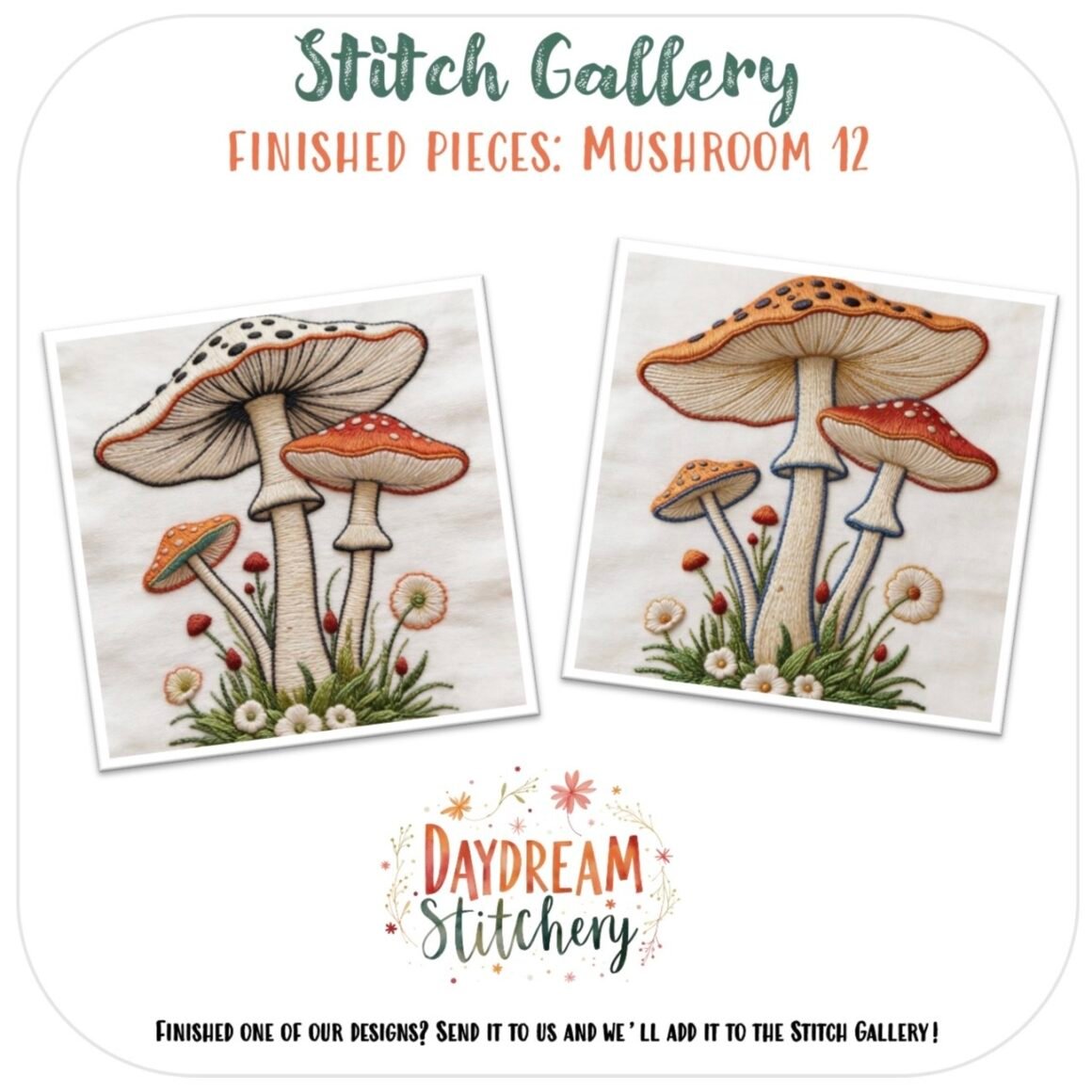 Two vibrant embroidered artworks of mushrooms and flowers are shown side by side, with text reading “Mushroom 12: Hand embroidery pattern.” Perfect inspiration for your next mushroom-themed embroidery project.