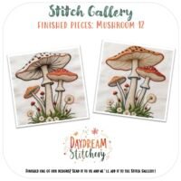 Two vibrant embroidered artworks of mushrooms and flowers are shown side by side, with text reading “Mushroom 12: Hand embroidery pattern.” Perfect inspiration for your next mushroom-themed embroidery project.
