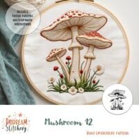 “Mushroom 12: Hand embroidery pattern” features three red and white mushrooms, grass, and flowers, with instructions for thread painting and stumpwork. Designed by Daydream Stitchery.