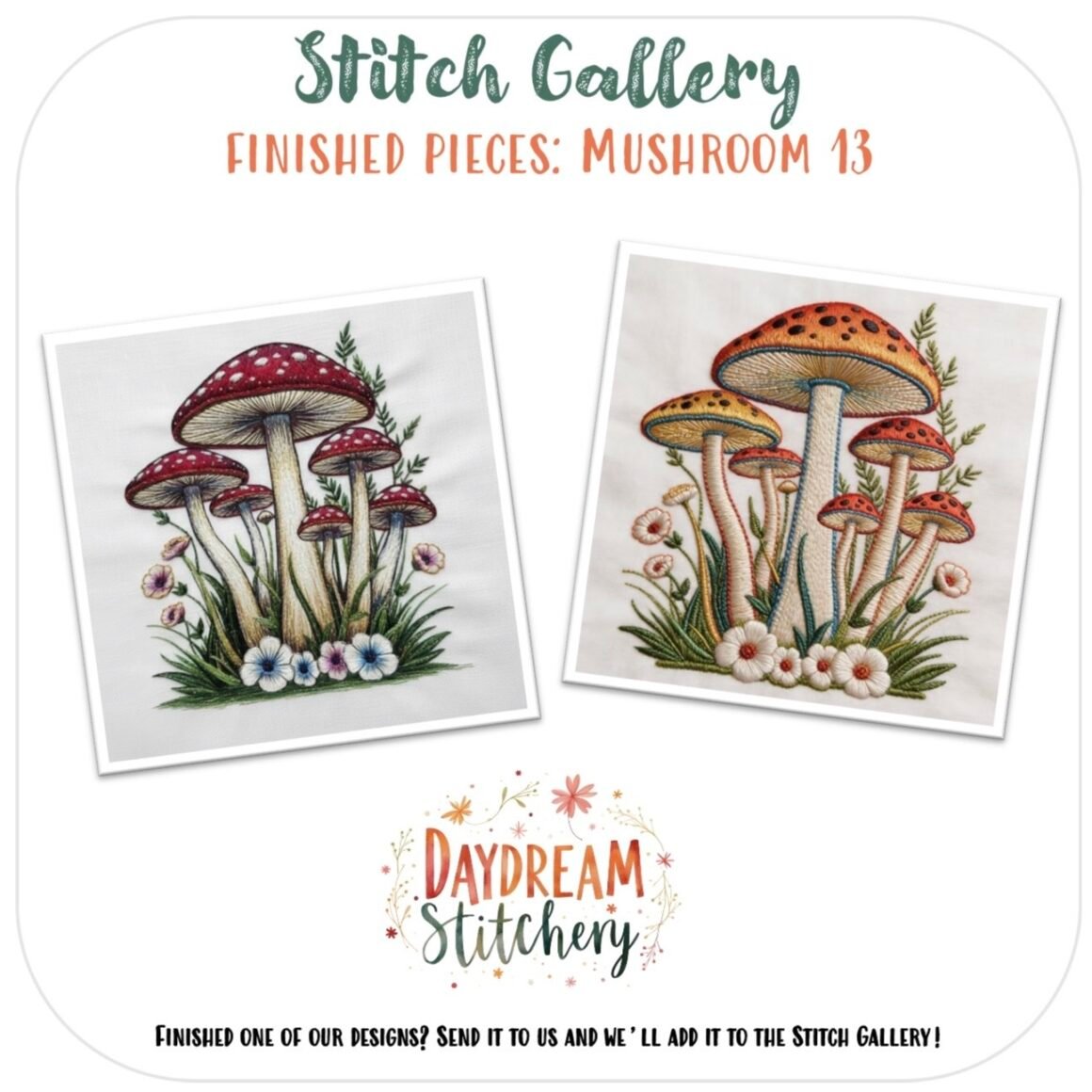 Two cross-stitched artworks of colourful mushrooms amid grass and flowers, displayed side by side. Text reads “Stitch Gallery: Finished Pieces: Mushroom 13 – Hand embroidery pattern.”.