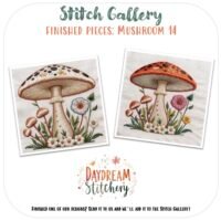 Shown side by side are two embroidered mushroom designs from Daydream Stitchery's "Mushroom 14: Hand embroidery pattern," each featuring a large decorated mushroom cap surrounded by smaller mushrooms and flowers. Logo appears below.