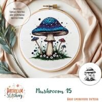 Mushroom 15: Hand embroidery pattern features a vibrant mushroom scene with grass and flowers, plus thread painting and stumpwork instructions for detailed stitching.
