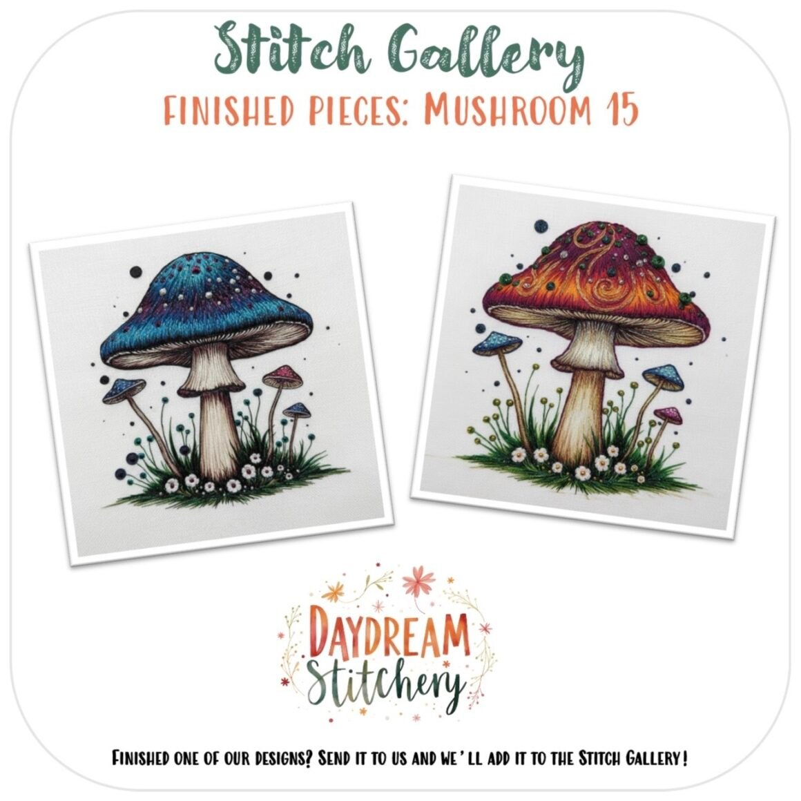 Mushroom 15: Hand embroidery pattern features two charming mushrooms—one blue with white spots, the other orange with pink spots—side by side and surrounded by grass, flowers, and small mushrooms.