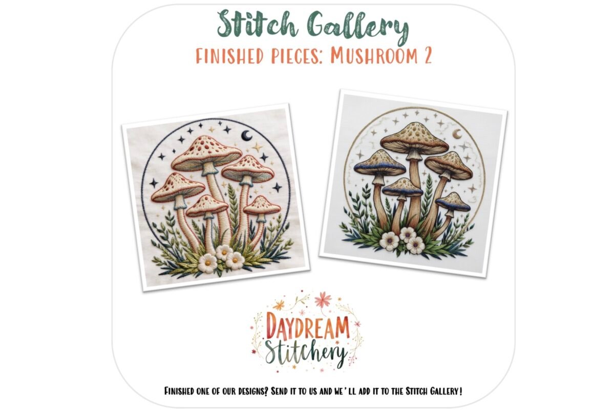 Two whimsical red mushroom embroideries with white spots, green leaves, flowers, and crescent moons are shown. The “Mushroom 2: PDF hand embroidery pattern” by Daydream Stitchery logo appears above and below the finished pieces.