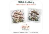 Two whimsical red mushroom embroideries with white spots, green leaves, flowers, and crescent moons are shown. The “Mushroom 2: PDF hand embroidery pattern” by Daydream Stitchery logo appears above and below the finished pieces.