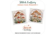 Two embroidered artworks featuring vibrant red mushrooms, green foliage, and colourful flowers are shown in circular and square frames under the title "Stitch Gallery: Finished Pieces: Mushroom 2: PDF hand embroidery pattern" by Daydream Stitchery.
