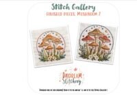 Two embroidered artworks of colourful mushrooms with plants, stars, and a crescent moon are shown side by side. The text reads Stitch Gallery Finished Pieces: Mushroom 2—PDF hand embroidery pattern by Daydream Stitchery.