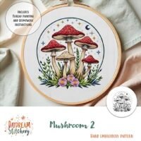 The Mushroom 2a: PDF hand embroidery pattern features red-capped mushrooms, green leaves, and pink flowers with stars. Includes instructions for thread painting and stumpwork.