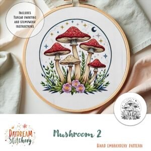 The Mushroom 2a: PDF hand embroidery pattern features red-capped mushrooms, green leaves, and pink flowers with stars. Includes instructions for thread painting and stumpwork.