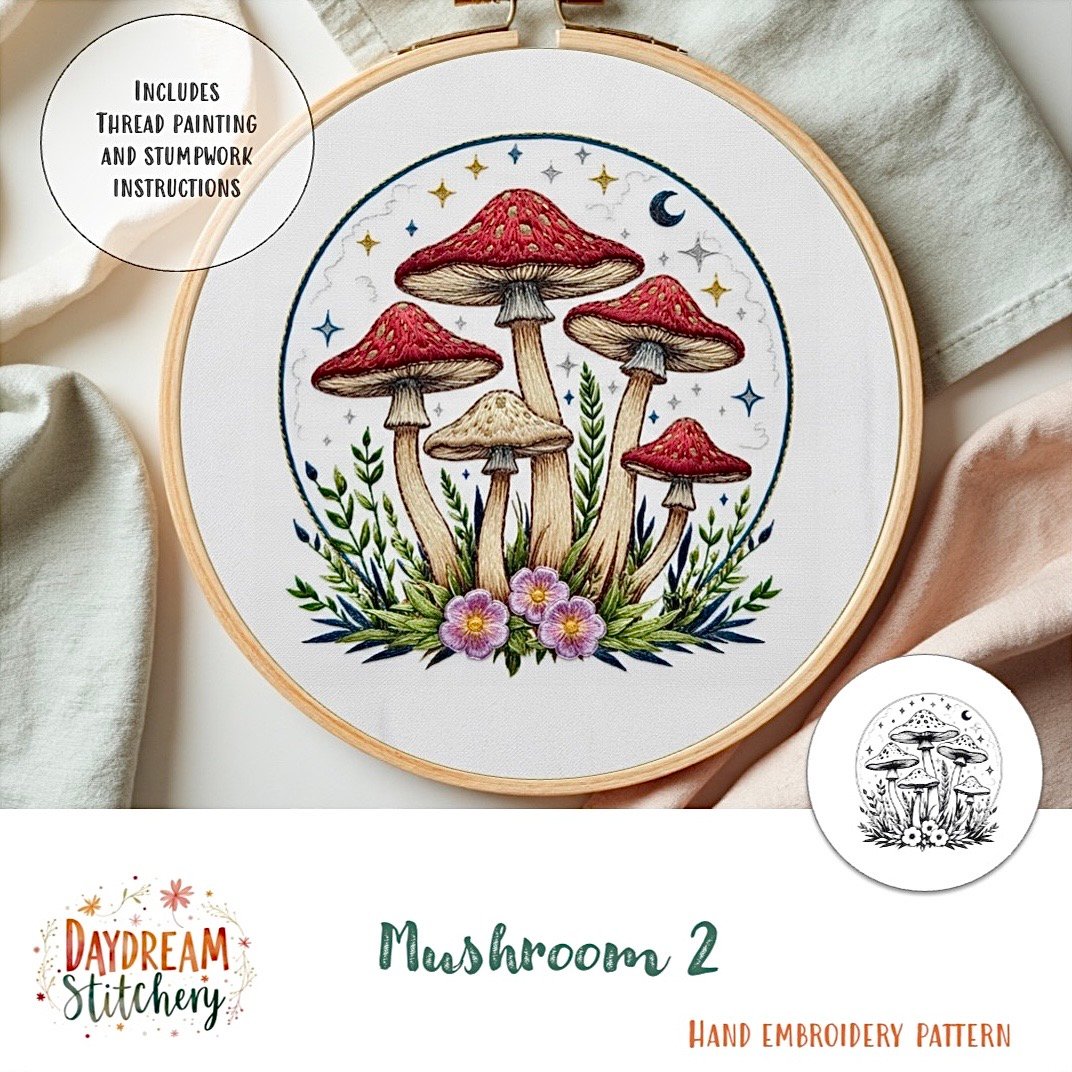 The Mushroom 2a: PDF hand embroidery pattern features red-capped mushrooms, green leaves, and pink flowers with stars. Includes instructions for thread painting and stumpwork.
