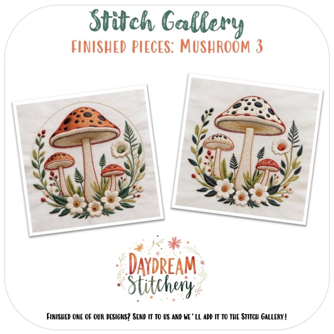 Two square embroidered designs of mushrooms with orange caps, green leaves, and white flowers are shown side by side. Text: Stitch Gallery, Finished Pieces: Mushroom 2a. Perfect for any mushroom hand embroidery pattern collection.