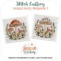 Two square embroidered designs of mushrooms with orange caps, green leaves, and white flowers are shown side by side. Text: Stitch Gallery, Finished Pieces: Mushroom 2a. Perfect for any mushroom hand embroidery pattern collection.
