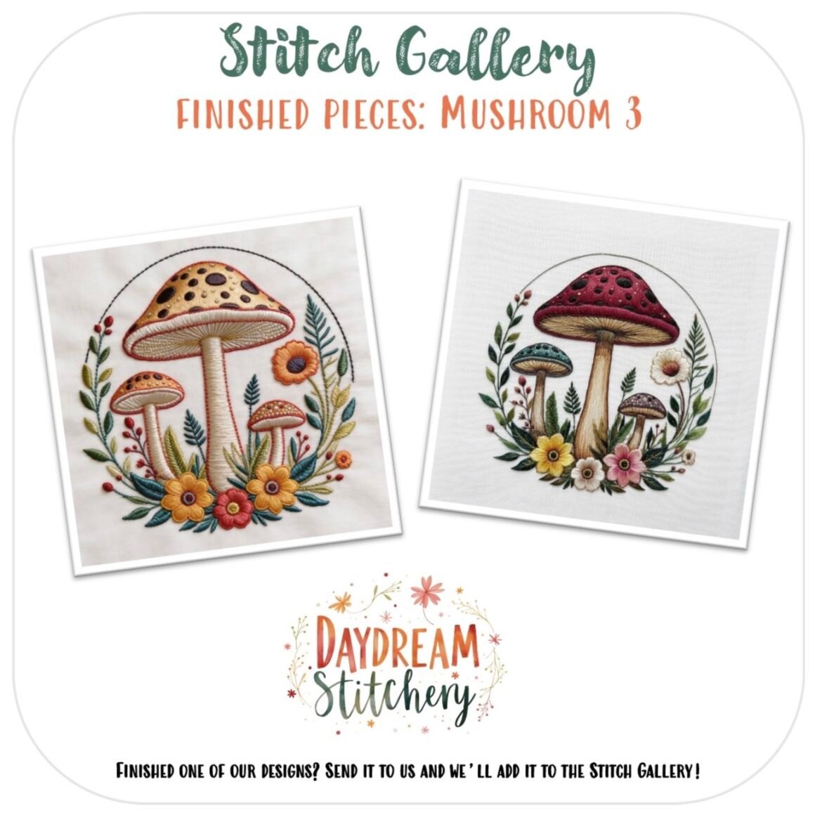 An image of mushrooms and flowers inspired by the "Mushroom 2a: PDF hand embroidery pattern.