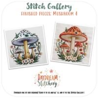 Two embroidered mushrooms from the "Mushroom 4: PDF hand embroidery pattern"—one in blue and purple, the other red and orange—both framed by flowers and grass. Text reads Stitch Gallery - Finished Pieces: Mushroom 4.