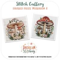 Featuring two embroidered red and white mushrooms with beige stems amid flowers and green leaves, this "Mushroom 4: PDF hand embroidery pattern" from Daydream Stitchery is showcased with the text “Stitch Gallery: Finished Pieces—Mushroom 4.”.
