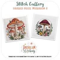 The Mushroom 4: PDF hand embroidery pattern features two embroidered mushrooms with red caps, surrounded by green grass, pink and yellow flowers, and leafy plants—a charming design by Daydream Stitchery.