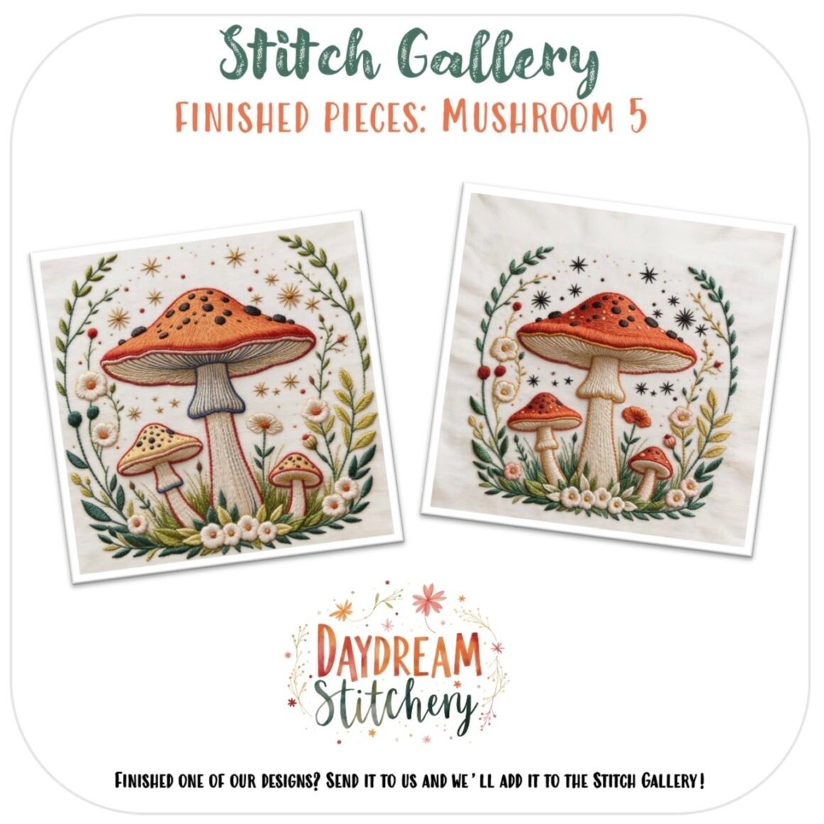 Two embroidered squares show vibrant mushrooms and foliage, featured for Stitch Gallery: Finished Pieces – Mushroom 5: PDF hand embroidery pattern by Daydream Stitchery. Share your completed Mushroom 5 embroidery designs with us!.