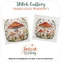 Two embroidered squares show vibrant mushrooms and foliage, featured for Stitch Gallery: Finished Pieces – Mushroom 5: PDF hand embroidery pattern by Daydream Stitchery. Share your completed Mushroom 5 embroidery designs with us!.