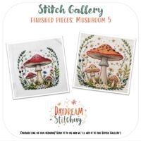 Two embroidered artworks, crafted from the Mushroom 5: PDF hand embroidery pattern, showcase a large red-capped mushroom with white spots among smaller mushrooms, green leaves, and flowers. Text reads Stitch Gallery: Finished Pieces: Mushroom 5.