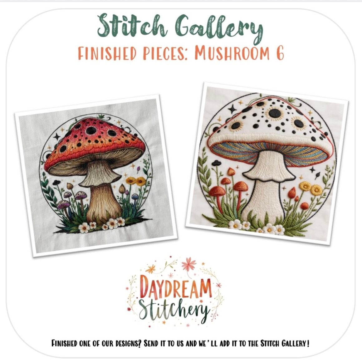 Two embroidered mushrooms with colourful caps are surrounded by grass, flowers, and small plants. This design is from the "Mushroom 6: PDF hand embroidery pattern" by Daydream Stitchery.