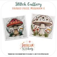 Two embroidered mushrooms with colourful caps are surrounded by grass, flowers, and small plants. This design is from the "Mushroom 6: PDF hand embroidery pattern" by Daydream Stitchery.