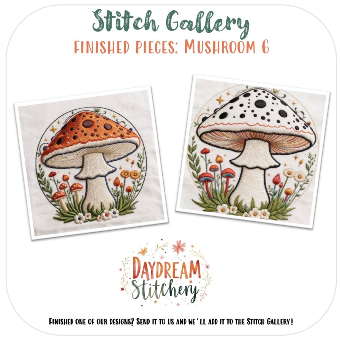 Two embroidered mushrooms—one vibrant orange, one white with black spots—rest among grass, flowers, and small fungi. Download our Mushroom 6: PDF hand embroidery pattern from Daydream Stitchery to stitch these charming designs.