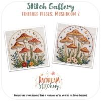 Two pieces display the “Mushroom 7: Hand embroidery pattern,” featuring clusters of orange mushrooms with white spots, green leaves, colourful flowers, stars, and crescent moons. The embroidered works are shown side by side.
