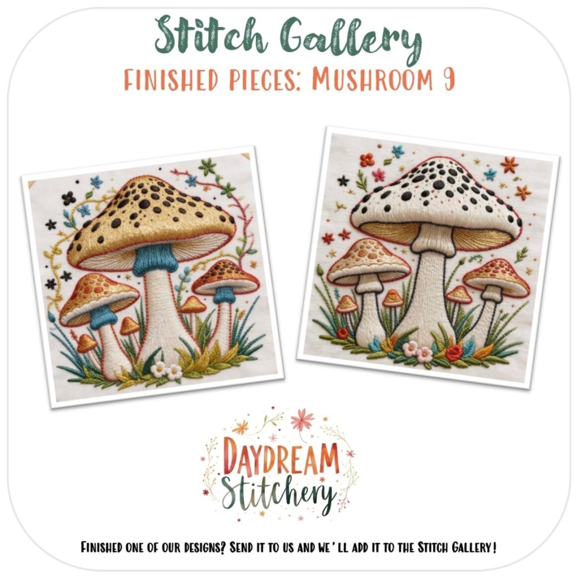 Two embroidered art pieces depict colourful, spotted mushrooms amid grass and flowers, inspired by Stitch Gallery's Mushroom 9a: Hand embroidery pattern.