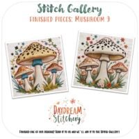 Two embroidered art pieces depict colourful, spotted mushrooms amid grass and flowers, inspired by Stitch Gallery's Mushroom 9a: Hand embroidery pattern.