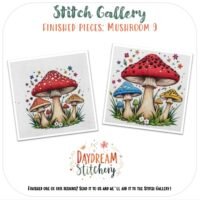 Two cross-stitch designs of colourful mushrooms with red and yellow caps amid grass and flowers. Features the Mushroom 9a: Hand embroidery pattern. Text reads Stitch Gallery - Finished Pieces: Mushroom 9 and Daydream Stitchery.