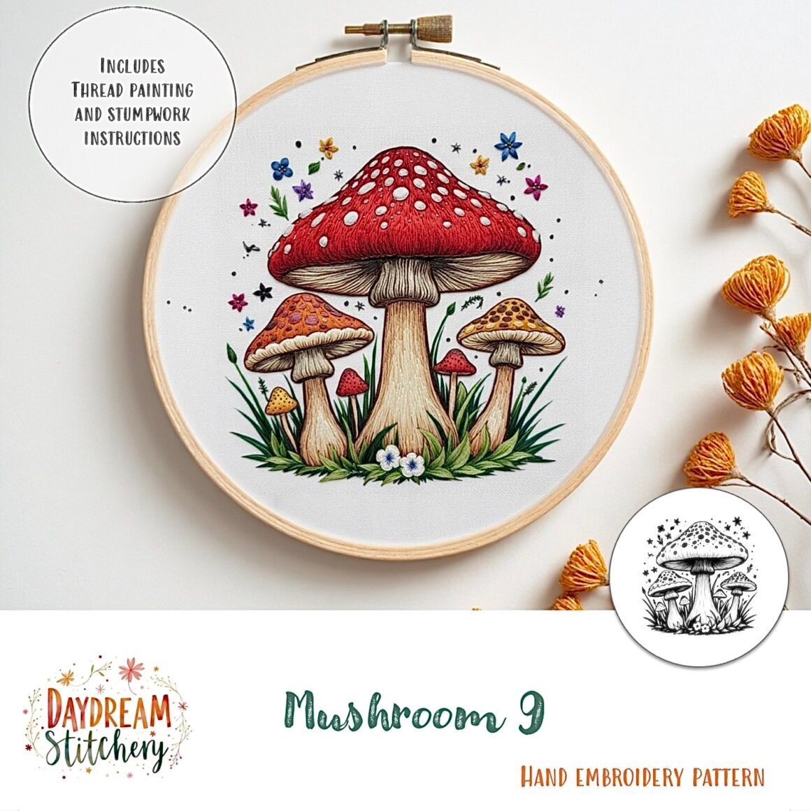 The Mushroom 9 Hand Embroidery Pattern features three red mushrooms with white spots, surrounded by grass, flowers, and tiny insects, plus decorative text and intricate details shown below the embroidery hoop.