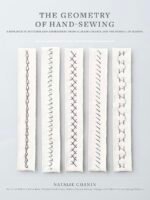 Book cover for The Geometry of Hand-Sewing by Natalie Chanin, showing five vertical white fabric strips, each with a unique hand-sewn stitch in dark thread, on a white background.