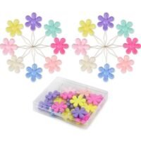 Needle Threaders - pack of 20: Pastel flower-shaped needle threaders arranged in two circles, with extras in a clear plastic box below. Each threader features a thin wire loop for easy threading.