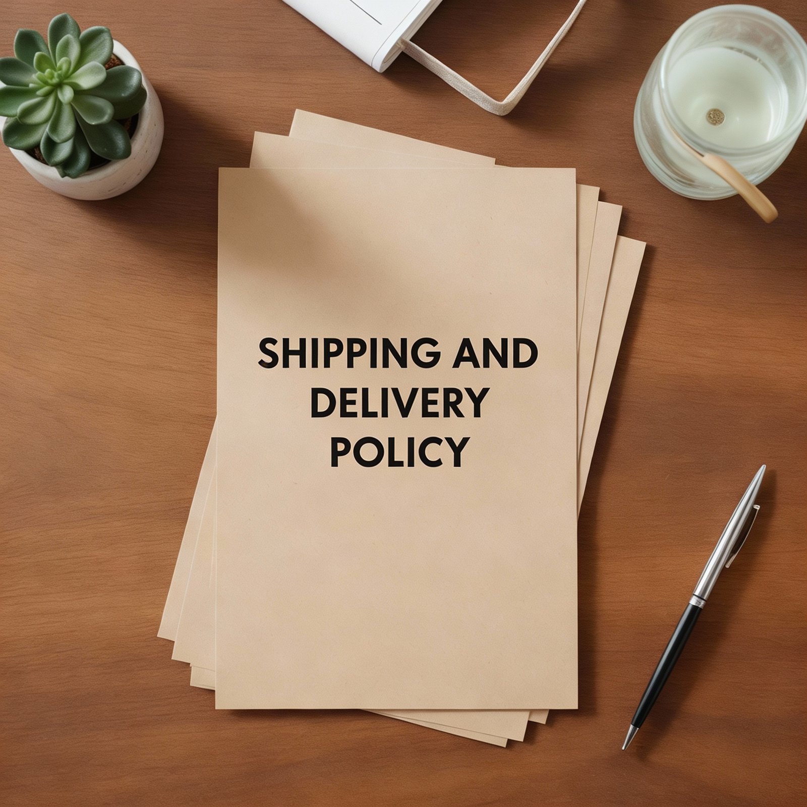 A stack of papers titled Shipping and Delivery Policy sits on a wooden desk next to a pen, a potted succulent, a glass of water, an open notebook, and documents outlining the refund and returns policy.