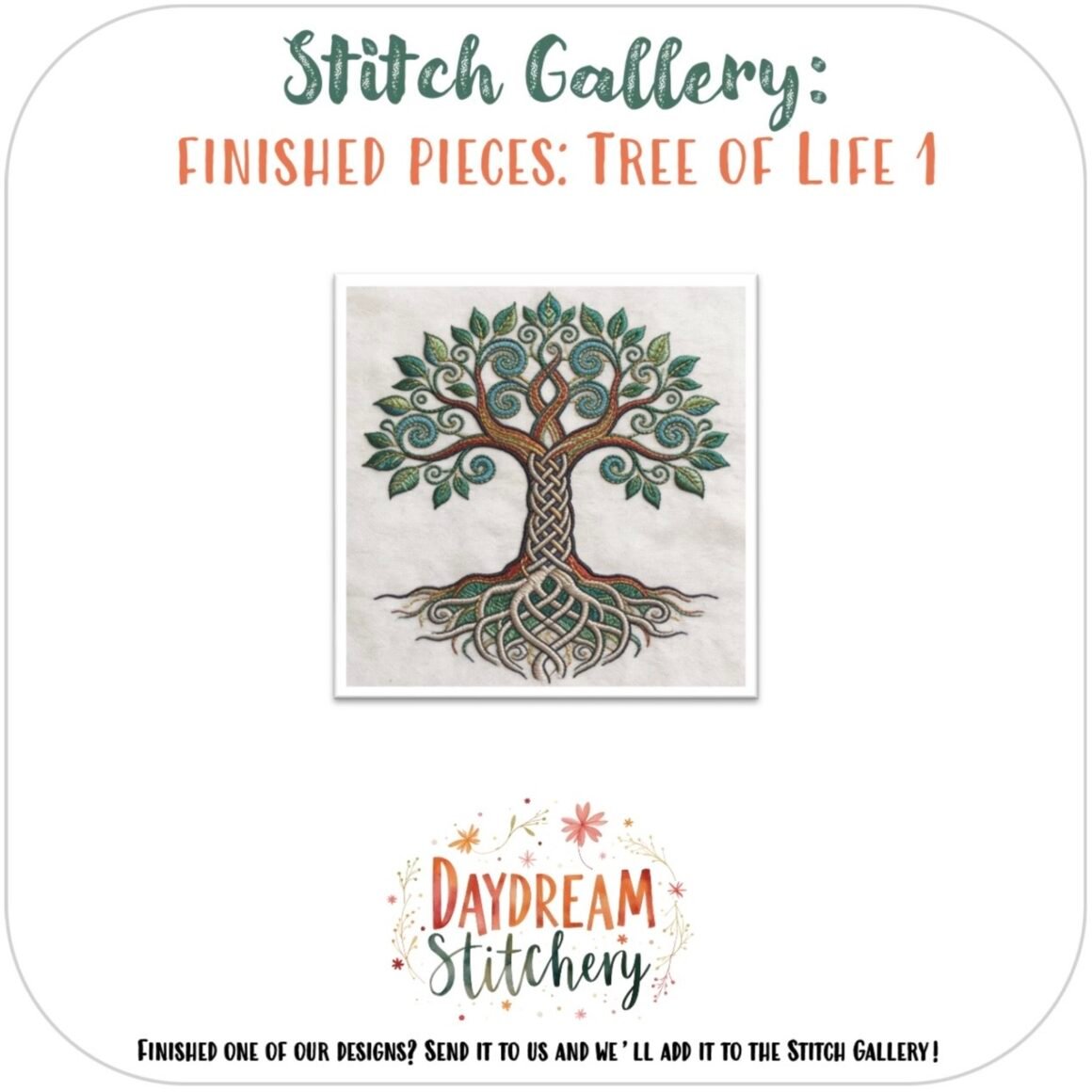 A detailed Tree of Life with green leaves and intricate roots is stitched using the Tree of Life 1: Hand embroidery pattern by Daydream Stitchery. Finished Piece: Tree of Life 1.