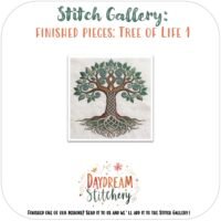 A detailed Tree of Life with green leaves and intricate roots is stitched using the Tree of Life 1: Hand embroidery pattern by Daydream Stitchery. Finished Piece: Tree of Life 1.