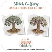 Two embroidered Tree of Life designs, inspired by the "Tree of Life 1: Hand embroidery pattern," feature intertwined roots and leafy branches side by side. Above: Stitch Gallery: Finished Pieces. Below: Daydream Stitchery logo and call for submissions.