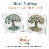 Two intricately embroidered Tree of Life 1 hand embroidery patterns are displayed side by side, featuring swirling branches, patterned roots, and green leaves. The image is labelled Stitch Gallery: Finished pieces: Tree of Life 1.