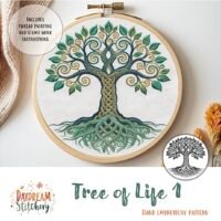 The Tree of Life 1: Hand embroidery pattern features a colourful Celtic-style design with intertwined roots and branches. Includes thread painting and stumpwork instructions for a unique hand embroidery project.