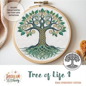 The Tree of Life 1: Hand embroidery pattern features a colourful Celtic-style design with intertwined roots and branches. Includes thread painting and stumpwork instructions for a unique hand embroidery project.