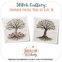Two embroidered Tree of Life 10 hand embroidery patterns are shown side by side, each featuring detailed roots and colourful leaves. Above them is the text "Stitch Gallery: Finished Pieces: Tree of Life 10" with "Daydream Stitchery" below.
