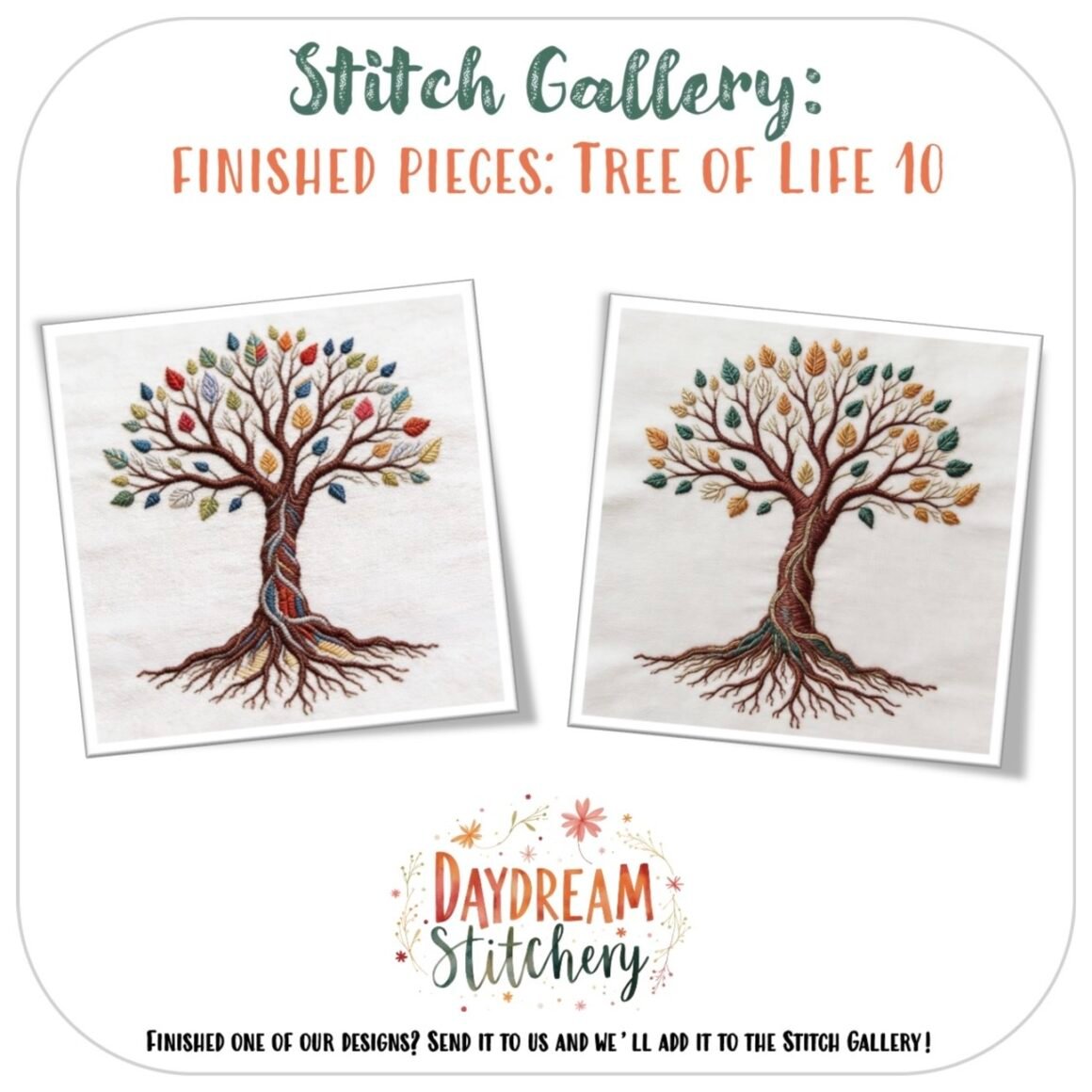 The Tree of Life 10: Hand embroidery pattern showcases vibrant leaves and detailed roots on a crisp white background, with “Stitch Gallery” and “Daydream Stitchery” elegantly displayed above and below the design.