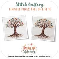 The Tree of Life 10: Hand embroidery pattern showcases vibrant leaves and detailed roots on a crisp white background, with “Stitch Gallery” and “Daydream Stitchery” elegantly displayed above and below the design.